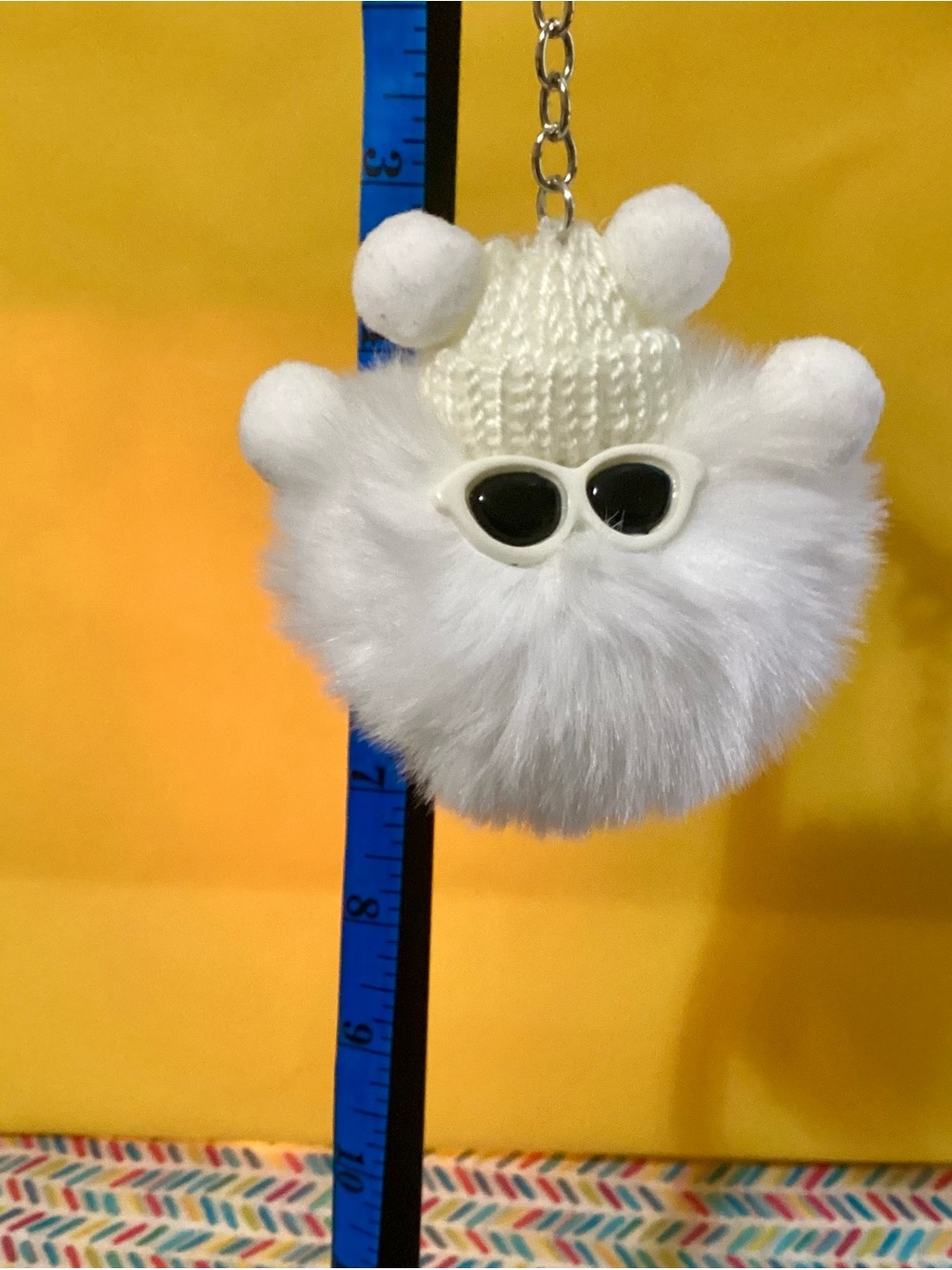 NWT - White Furry Pom-Pom Keychain Plush with Sunglasses